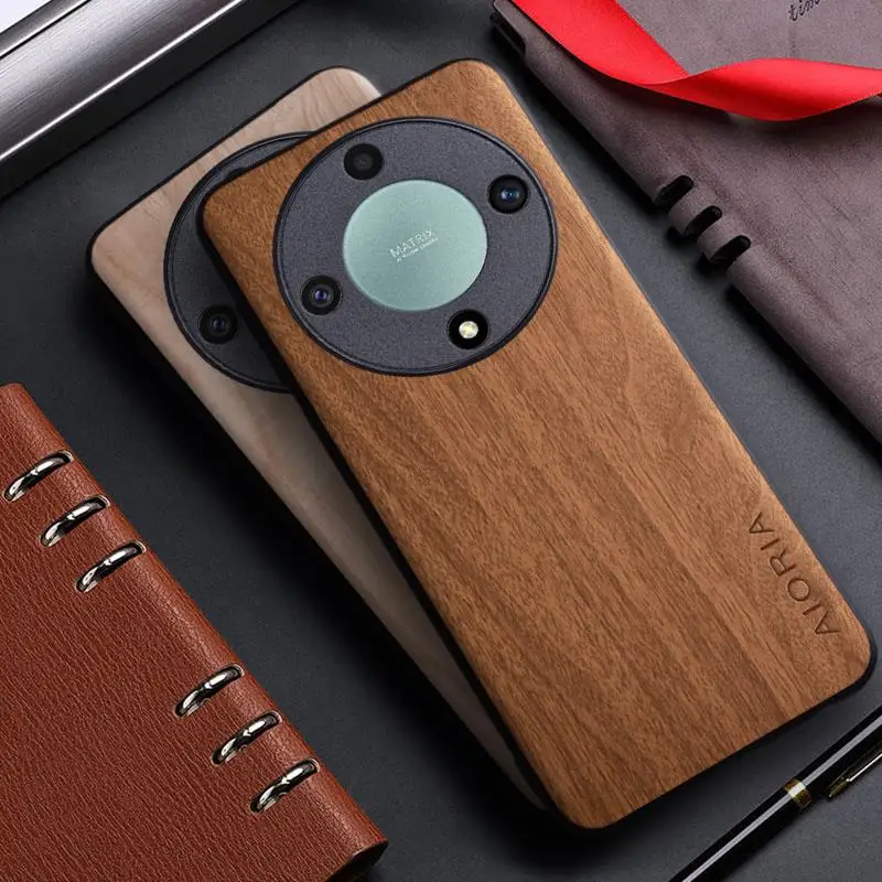 Funda trasera de cuero con patrón de madera de bambú para Honor, X9A, X9B, X8, X8A, X8B, X7A, X7B, X6, X6A, X6B, 5G