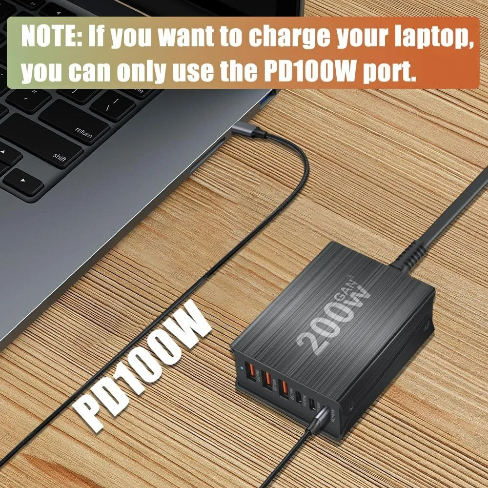 Estación de carga rápida GaN de 6 puertos de 200W, cargador USB C, carga rápida QC PD 3,0 tipo C, cargador rápido para iPhone 15/14/13 Pro MacBook - imagen 3