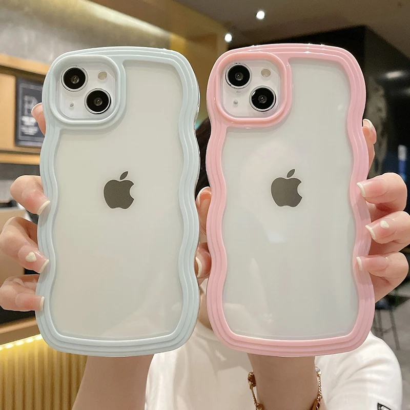 Bonita funda de parachoques transparente con ondas rizadas para iPhone 13, 11, 12, 14, 15 16 Pro Max 17 Air XS XR, cubierta estética suave y transparente a prueba de golpes - imagen 2