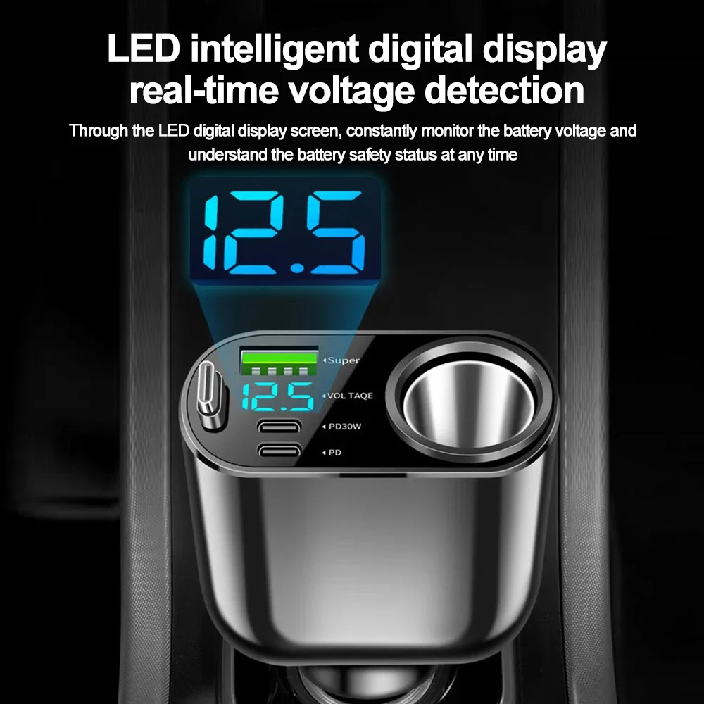 Cargador de coche 5 en 1 de 66W, adaptador de encendedor de cigarrillos retráctil para coche, Cable de cargador rápido USB tipo C para IPhone, Xiaomi, Huawei y Samsung - imagen 4