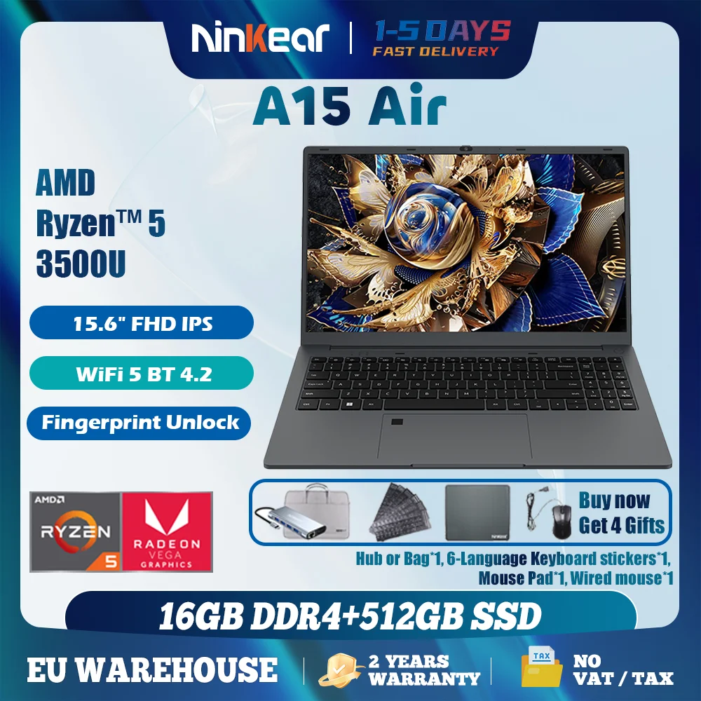 Ninkear A15 Air 2025 Conejo Conejo Pulgada FHD IPS Pantalla AMD Ryzen ™ 5 3500U 16GB DDR4 MHz + 512GB NVME SSD 180 °   Abra y cerrar WiFi 5 BT 4.2 s Desbloqueo de huellas dactilares Testado y probado PC portátil de alta calidad Alimentación de sus necesidades móviles Con la cuentabilidad - imagen 2