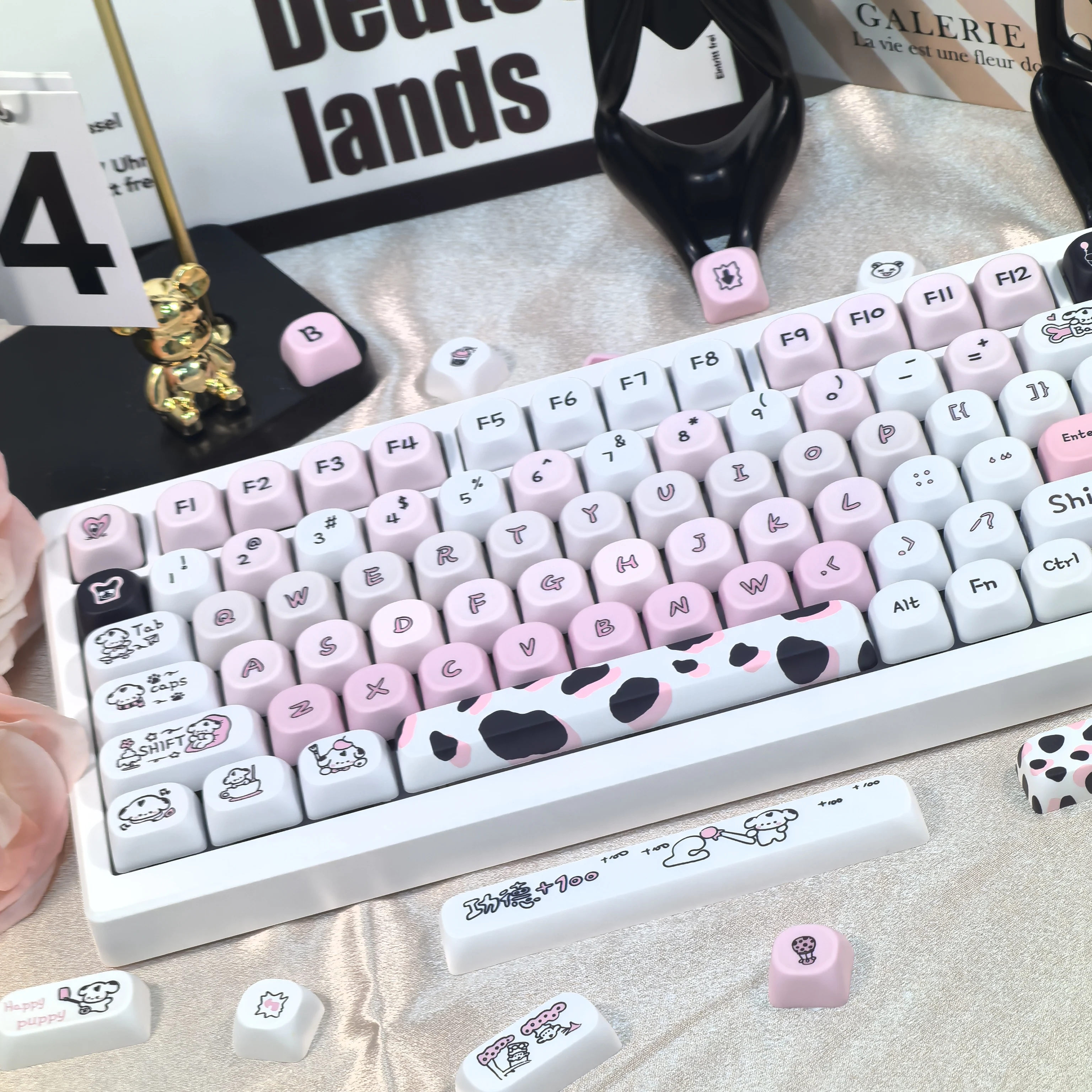 Gran venta Moa Keycaps cachorro rosa blanco lindo Keycap tipo perro manchado DIY Teclado mecánico 75 87 98 diseño liquidación Keyccap - imagen 2