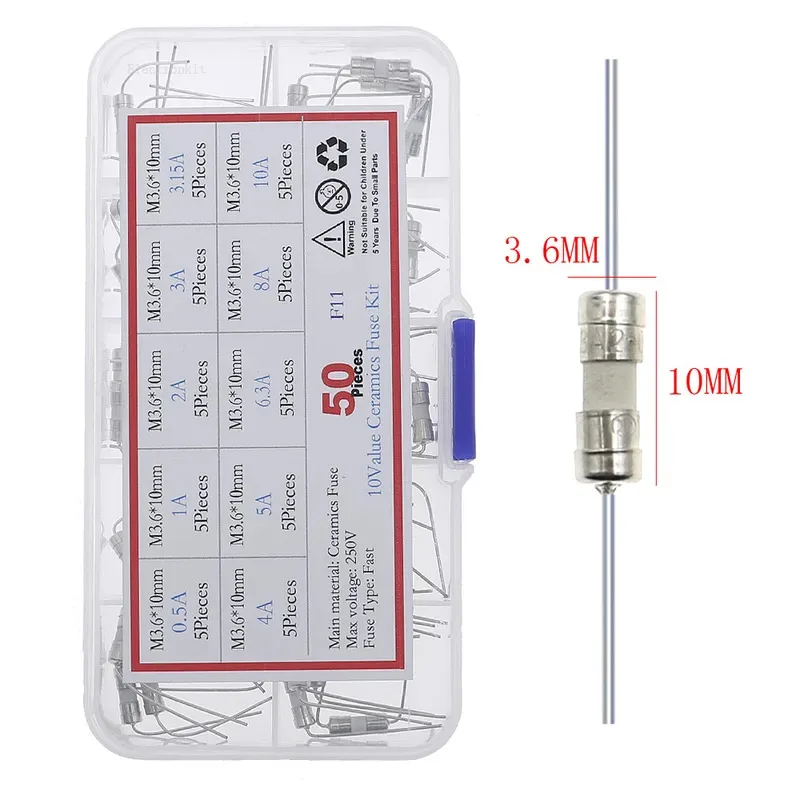 50 Uds 10 valores 3,6x10mm con un pin Kit surtido de tubos fusibles cerámicos de rotura rápida 0.5A 1A 2A 3A 3.15A 4A 5A 6.3A 8A 10A - imagen 4