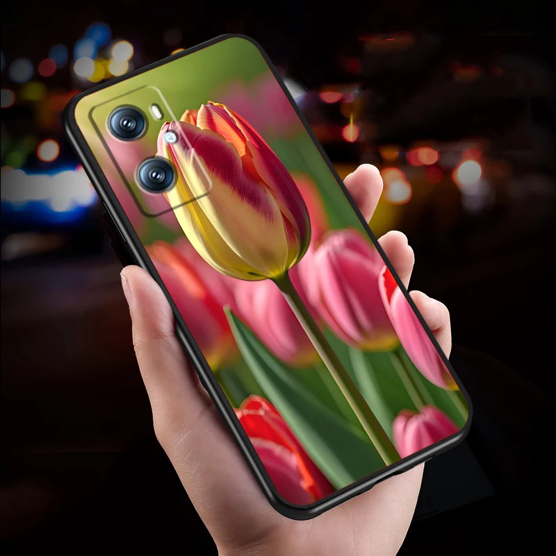 Tulipanes girasol Rosa flor para OPPO Find X5 X3 X6 A54S A5 A94 A16 A53S A57 A74 A72 A98 A78 A96 A9 5G, funda negra para teléfono - imagen 3