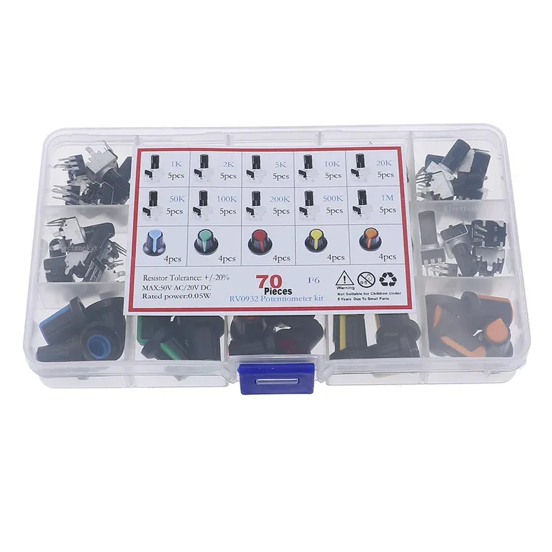 70 Uds 10 valores 3 pines con perillas B1K-B1M RV09 Kit surtido de potenciómetro giratorio de sello ajustable Vertical - imagen 5