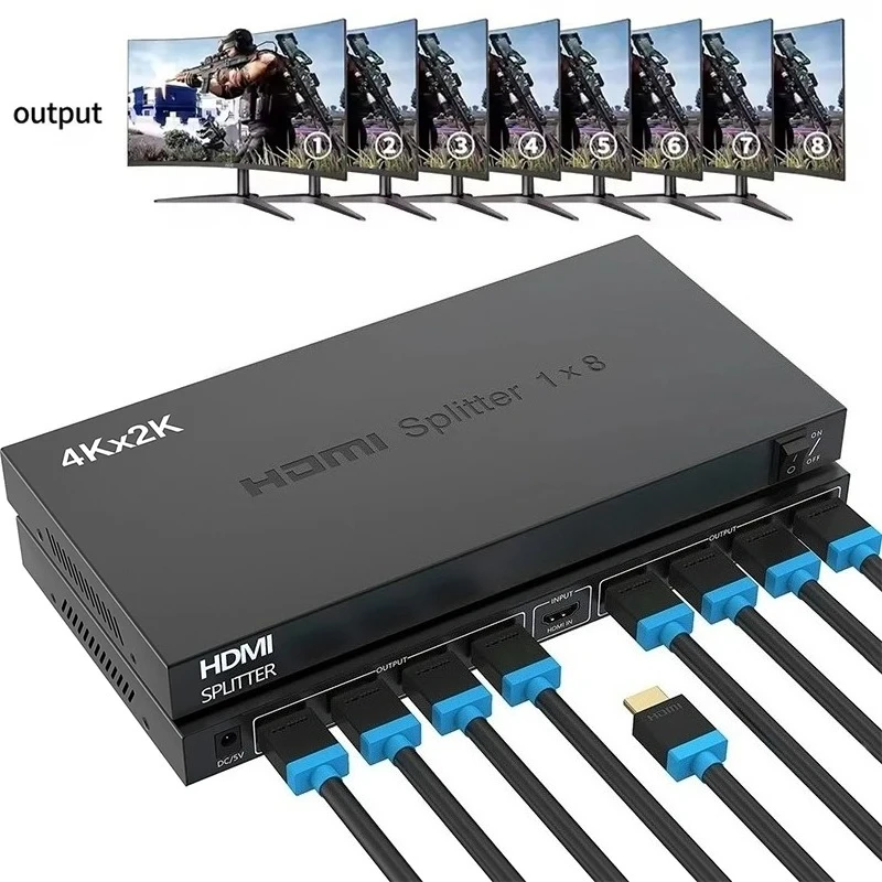 Divisor HDMI 4K x 2K, distribuidor de vídeo HDMI 1 en 8 salidas, convertidor 1x8, pantalla duplicada multipantalla para PS4, Loptop, PC, Monitor de TV