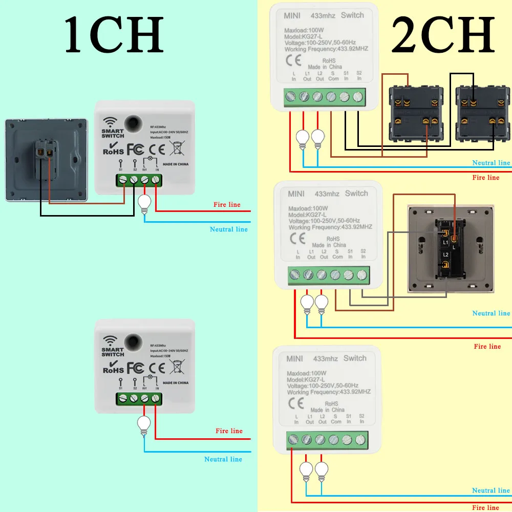 Interruptor de luz de 2 vías sin neutro, Mini módulo controlador inalámbrico de relé de 1/2 canales interruptor de pared de Control remoto RF 110v 220v ON/OFF - imagen 3