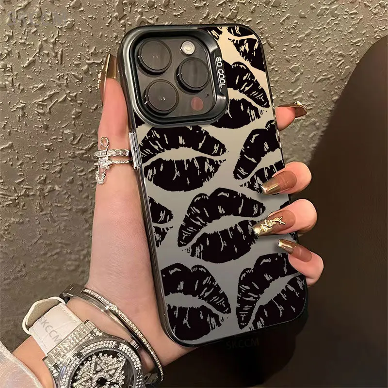 Funda de teléfono con labio negro de estilo gótico para iPhone 15 14 13 12 11 Pro Max XS X XR 7 8 Plus SE 2020 Mini cubierta de silicona dura a prueba de golpes - imagen 2
