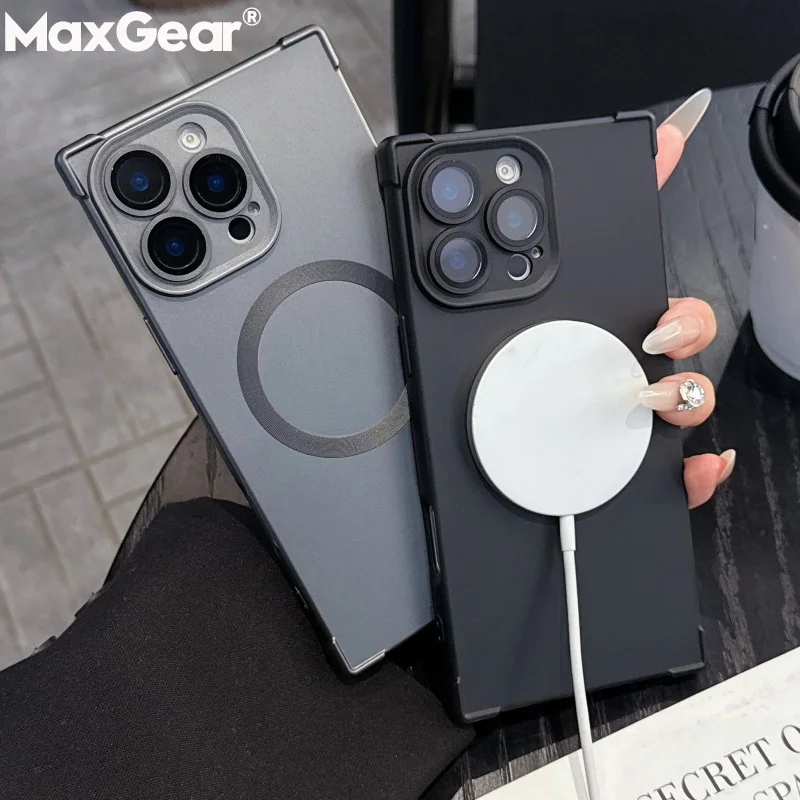 Funda magnética de carga inalámbrica con borde recto y cuadrado de ángulo recto Simple para iPhone 16 15 14 13 Pro Max, funda de silicona