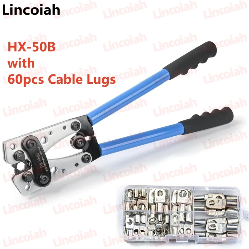 Herramienta de prensado de terminales de Cable de batería, alicates de engarzado de terminales de trinquete manual, 10-1 AWG con 30 Uds. De terminales de anillo de cobre HX-50