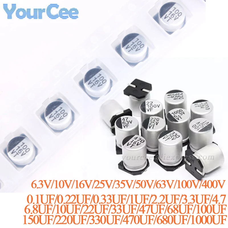 10 Uds 6,3 V 10V 16V 25V 35V 50V 63V 100V 400V SMD condensador electrolítico de aluminio 1UF 4,7 UF 10UF 47UF 100UF 470UF 680UF 1000UF