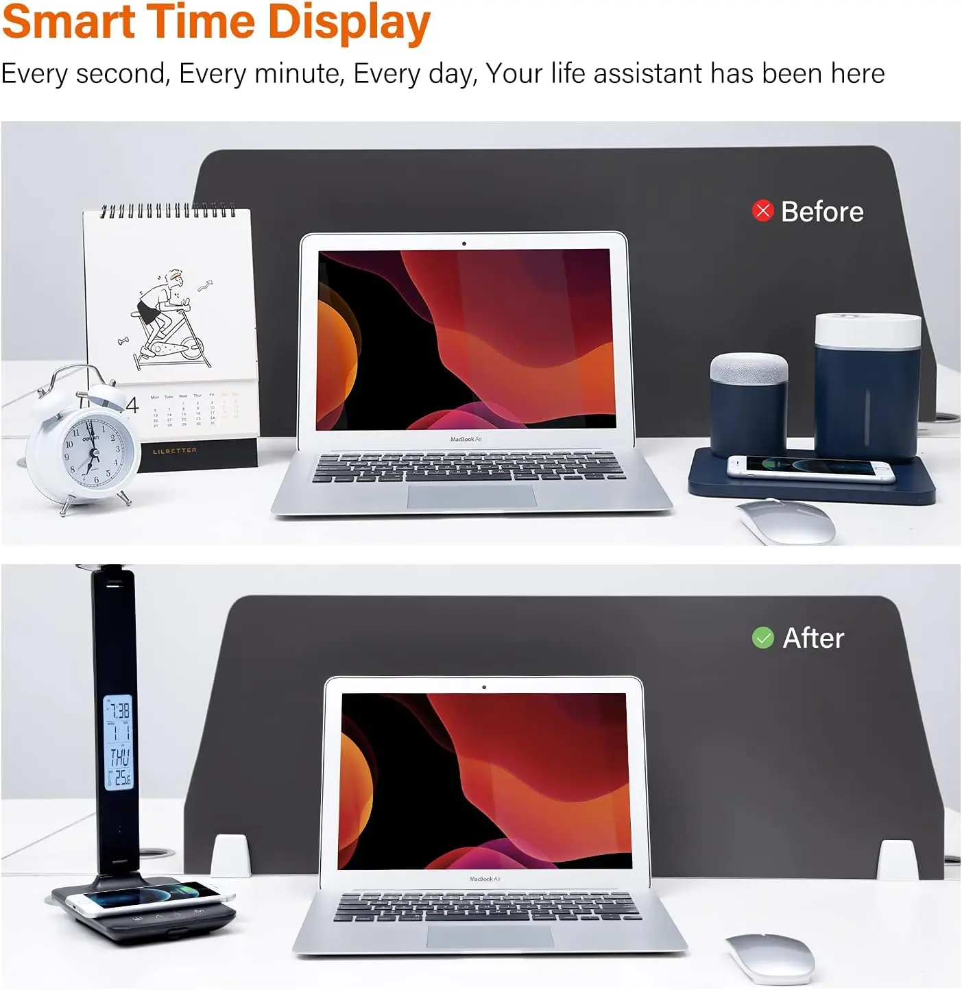 Lámpara LED de escritorio con carga inalámbrica, reloj despertador Digital de 10W con temperatura de calendario, protección ocular, luz de negocios para estudio, lámpara de mesa - imagen 5