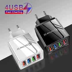 Cargador USB de 4 puertos, cargador de teléfono de carga rápida, adaptador de corriente para iPhone, Samsung, Xiaomi, Huawei, USB QC3.0, cargador de pared con enchufe UE/EE. UU.