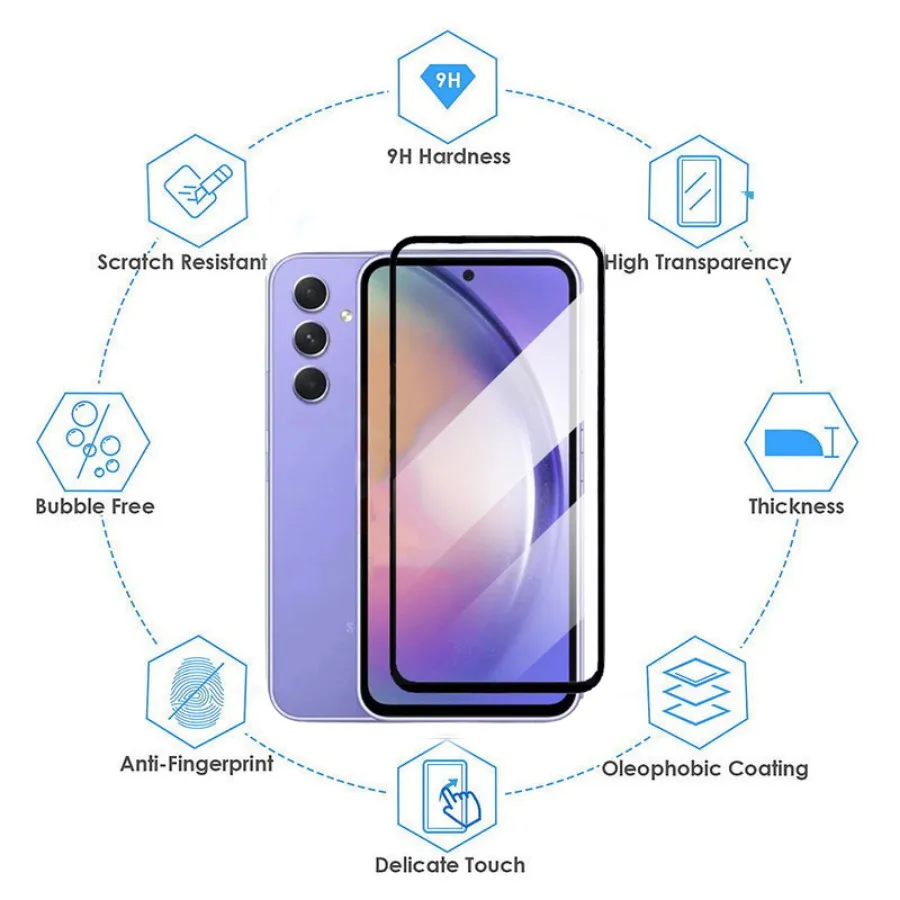 3 uds cubierta completa de vidrio templado para Samsung Galaxy A54 A74 A52S A53 Protector de pantalla para Samsung A14 A24 A34 S20FE S21FE - imagen 3