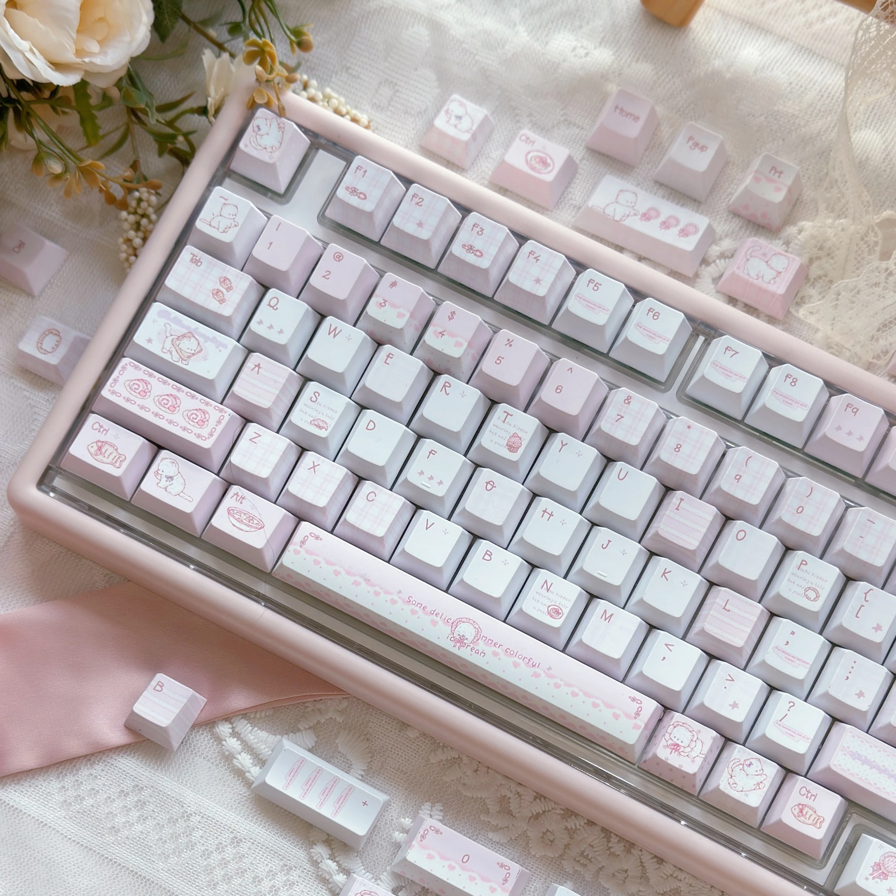 Sobremesa gato rosa Keycap cereza perfil 130 teclas PBT tinte sublimación dibujos animados lindo teclado mecánico personalizado Keycaps regalos para niñas - imagen 5