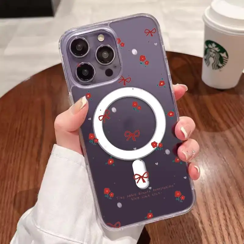 Funda Magsafe con lazo de flores y carga inalámbrica magnética para iPhone 16 15 14 13 12 11 Pro XS XR Max Mini Plus transparente de lujo - imagen 2