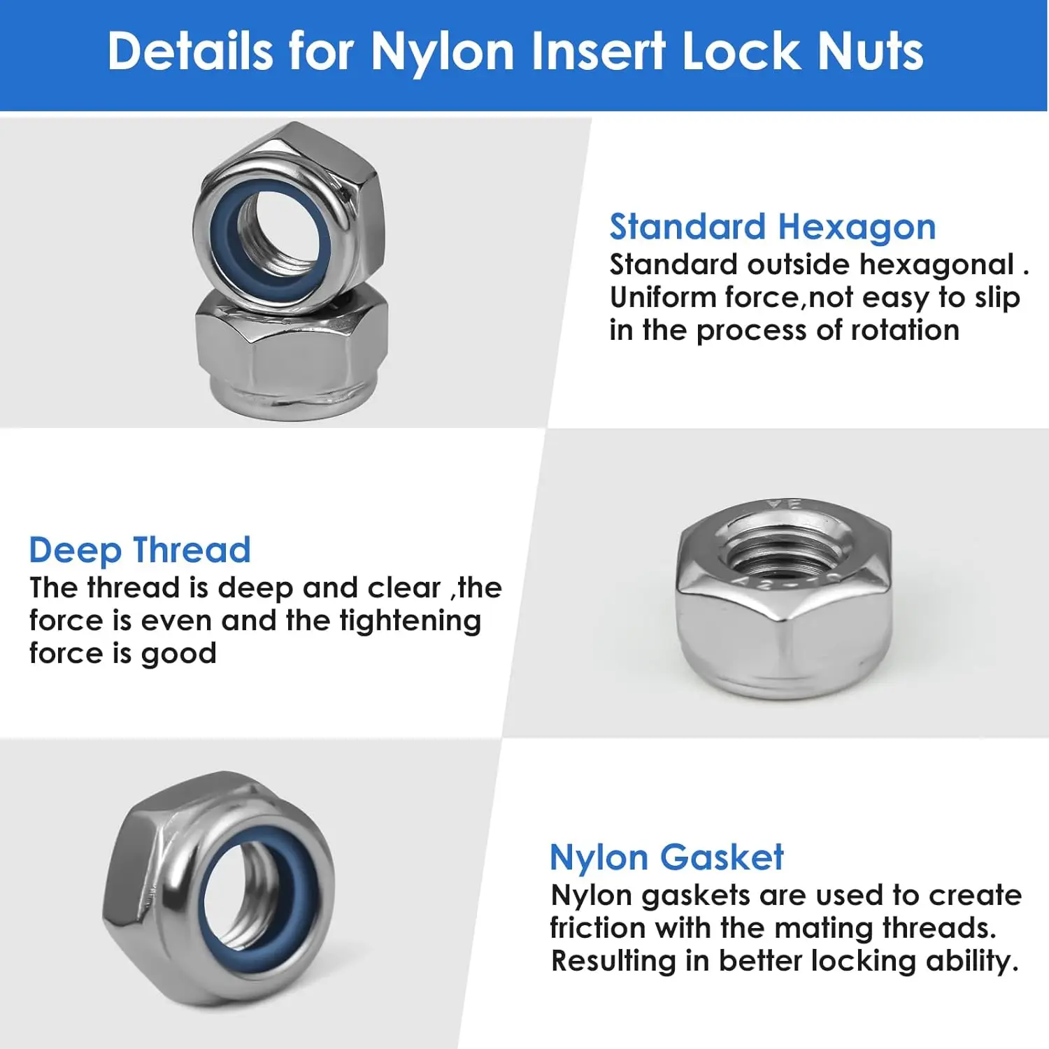 Kit surtido de tuercas de seguridad de 150 Uds., tuercas autoadhesivas de acero inoxidable 304, M3, M4, M5, M6, M8, M10, M12 inserto de nailon métrico de 7 tamaños - imagen 4