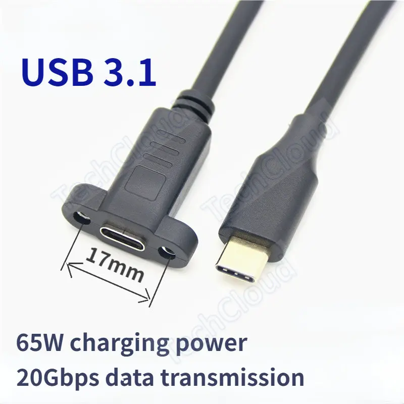 USB C macho a hembra con orificio para tornillo extensor de Cable Cable de datos Cable de extensión USB 3.1 tipo c con tornillo de montaje en Panel - imagen 3
