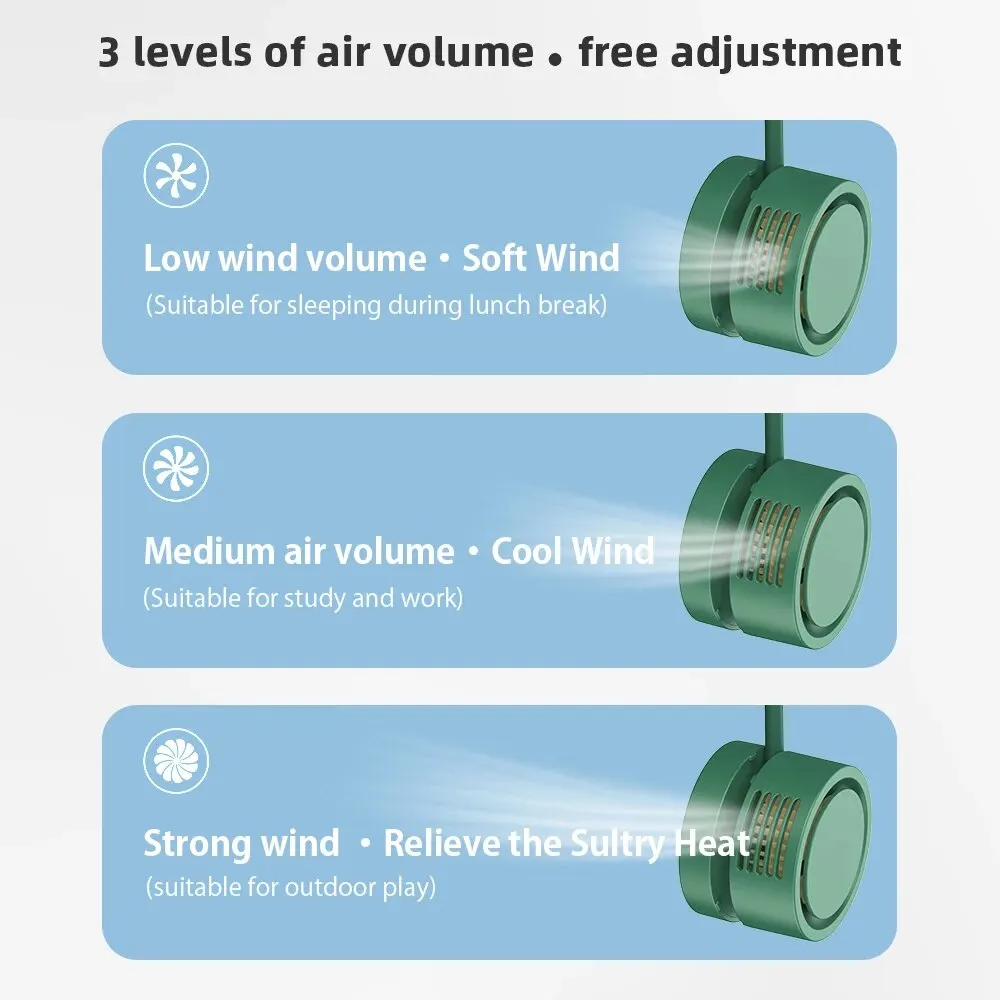 Mini ventilador portátil USB para exteriores, ventilador frío manos libres para cuello, colgante, recargable, deportivo, 3 velocidades, ajustable - imagen 3