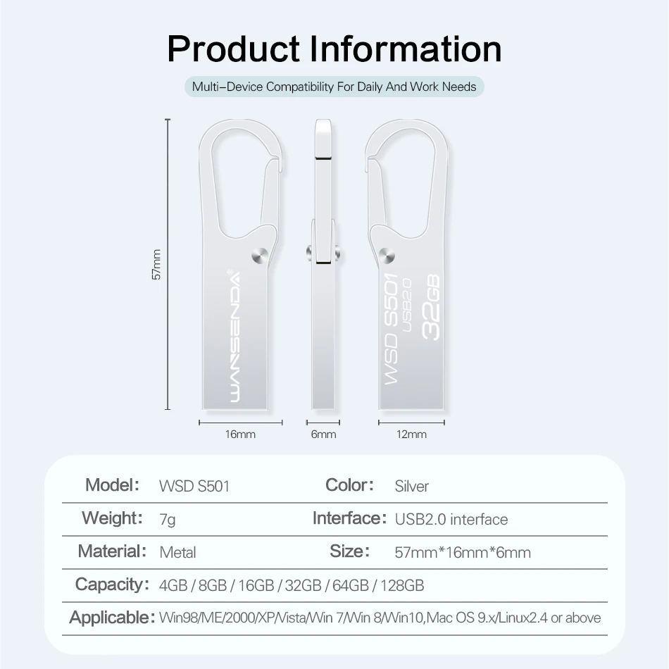 Nuevo WANSENDA USB 2,0 unidad Flash llavero Pen Drive 4GB 8GB 16GB 32GB 64GB Pendrive portátil Metal USB Memory Stick - imagen 5