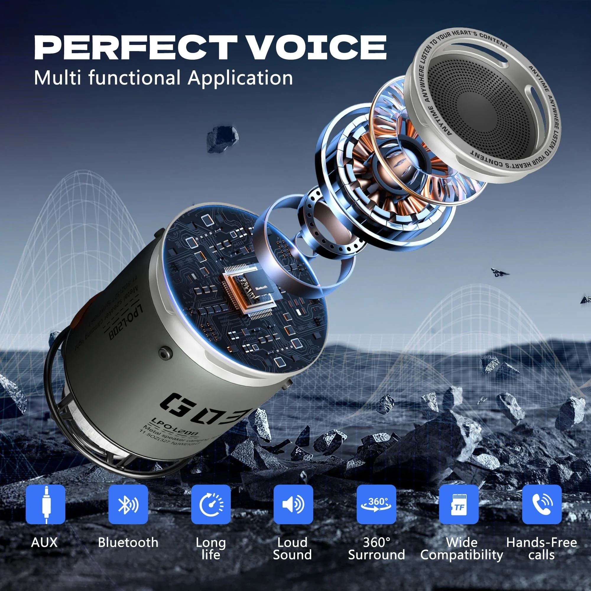 Altavoces Bluetooth de Metal con tarjeta TF, altavoz para exteriores IPX5, lámpara de Camping impermeable, modo de emergencia LED/SOS para fiestas, viajes al aire libre - imagen 3