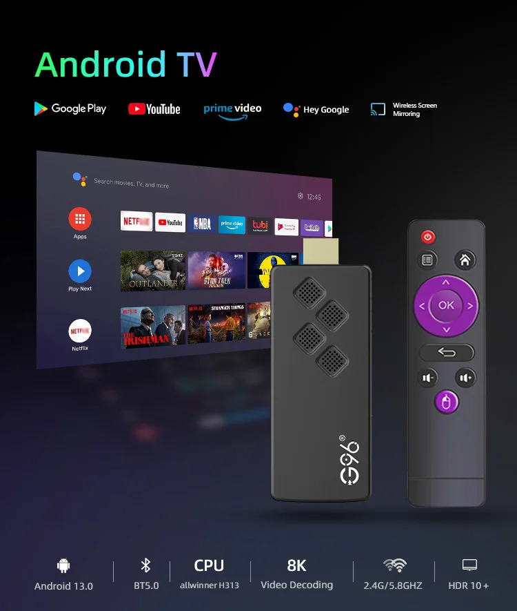 2024 caliente G96 ATV 8k android13.0 TV Stick control remoto por infrarrojos 2GB8GB 2,4G y 5G Wifi Dual BT5 Netflix Youtube reproductor multimedia