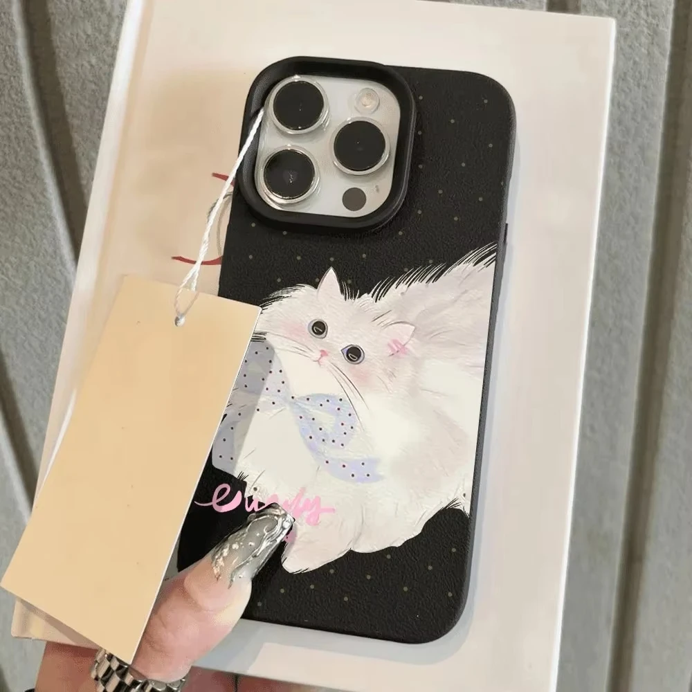 Funda de teléfono INS con bonito gato coreano para iPhone 15 Plus 11 14 12 16 17 Pro Max Color caramelo patrón de lichi funda de teléfono mate de silicona - imagen 4
