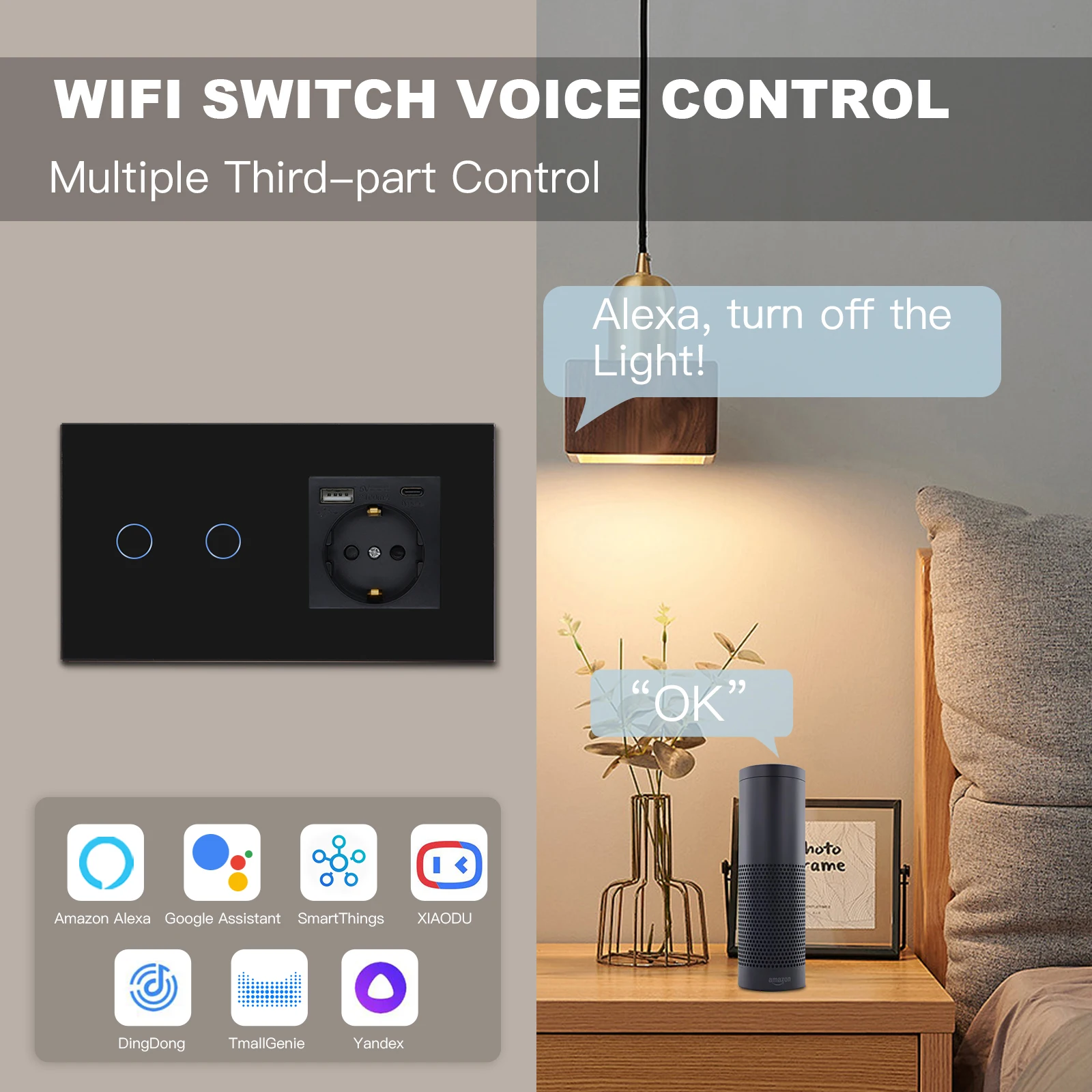 BSEED 1/2/3Gang Wifi interruptores táctiles de pared interruptor inteligente de 2/3 vías con 20W tipo C USB enchufe de la UE compatible con Tuya Smart Life Google Alexa - imagen 5
