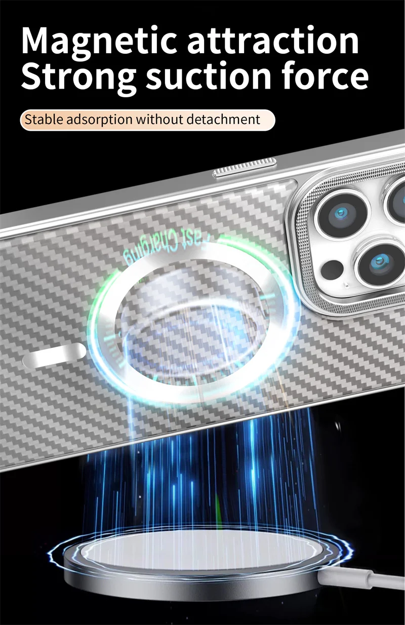 Funda de teléfono con revestimiento de textura de fibra de carbono magnética para iPhone 12, 13, 14, 15 16 Pro Max Plus, funda protectora Magsafe a prueba de golpes - imagen 3
