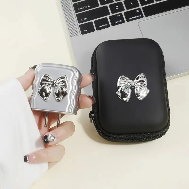 Conjunto de bolsa de almacenamiento EVA con lazo plateado 3D de lujo, funda de cargador para IPhone 11, 12, 13, 14, 18W-20W, funda protectora de carga - imagen 4