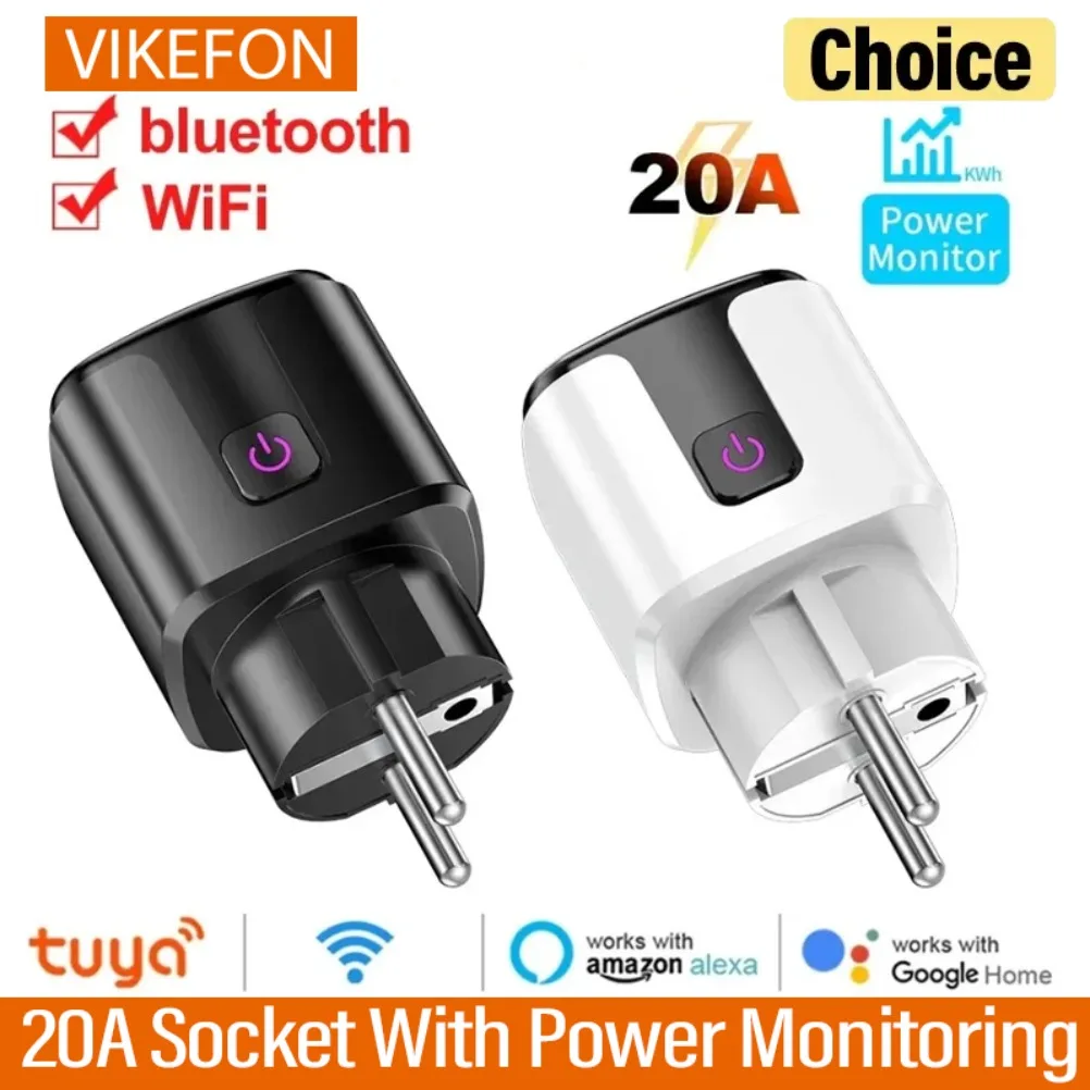 Tuya-enchufe inteligente de 20A con monitoreo de energía, enchufe europeo, WiFi, Bluetooth, temporizador, bloqueo infantil, Google Home, Alice SmartThings, Alexa