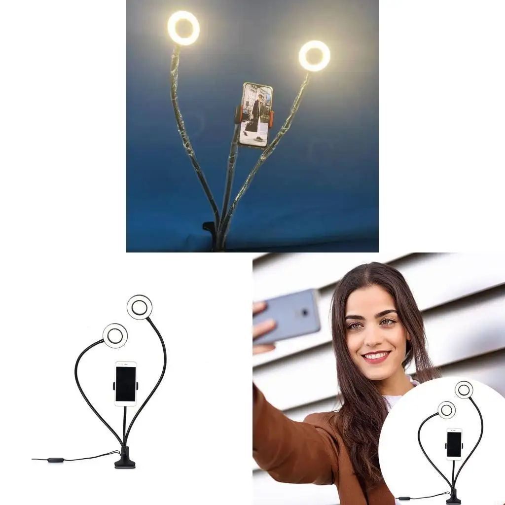 462e abrazaderas dobles en anillos selfie luz con soporte teléfono y brazo flexible fácil usar