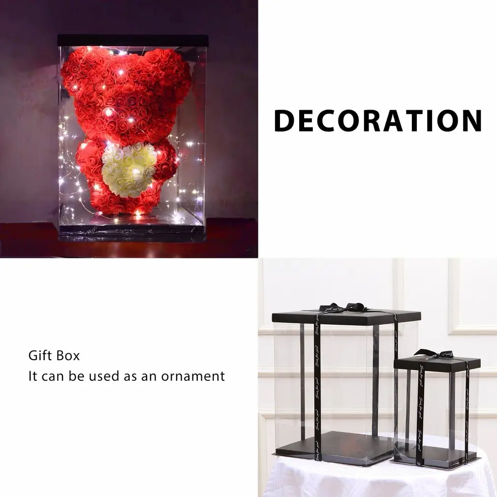 Una caja de regalo con un oso de peluche adentro