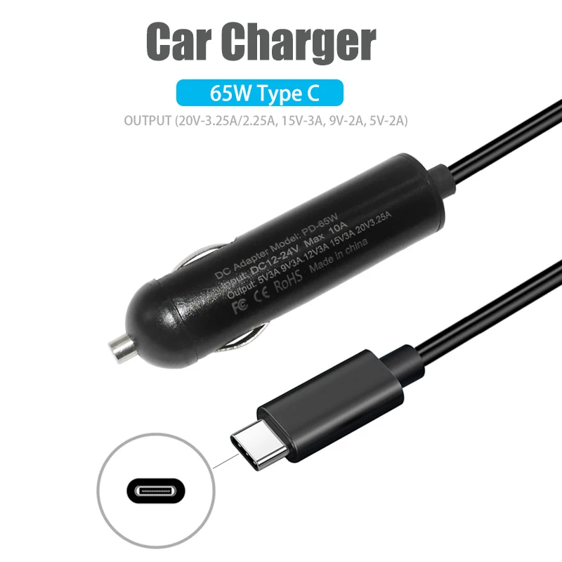 Cargador de coche Universal de 65W USB C 20V adaptador de coche encendedor de cigarrillos adaptador de fuente de alimentación de CC para Macbook Lenovo Asus Hp Laptop