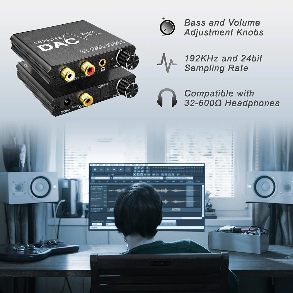 Convertidor de Audio Digital a analógico de 192KHz con ajuste de graves, Control de volumen DAC, adaptador Coaxial óptico a 2RCA y conector Jack de 3,5mm - imagen 3