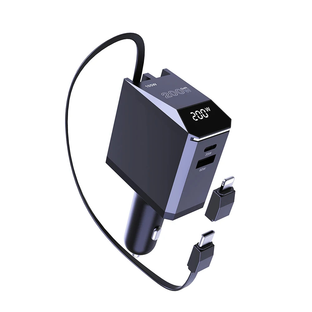 Ubigbuy 200W 4 en 1 cargador de coche retráctil diseño de pantalla Digital tipo C cargador de carga rápida con Cable tipo C para iPhone 16 15 - imagen 2