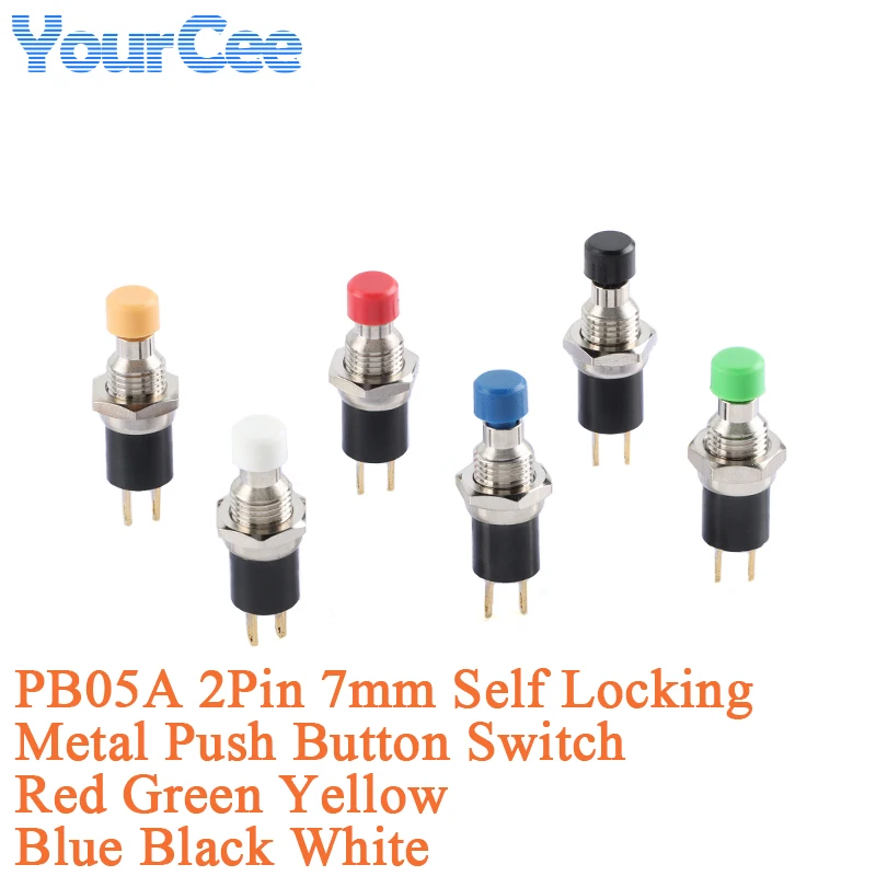 5 uds/1 ud PB05A 7mm ON-OFF 2 pines enganche autobloqueo SPST normalmente abierto Mini interruptor de botón dorado interruptor de Metal caja de latón