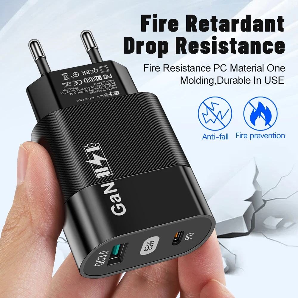 Cargador USB de carga rápida GaN PD de 65W QC3.0 tipo C adaptador de pared UE/EE. UU. para iPhone 15 Xiaomi Samsung cargador de teléfono móvil portátil - imagen 4