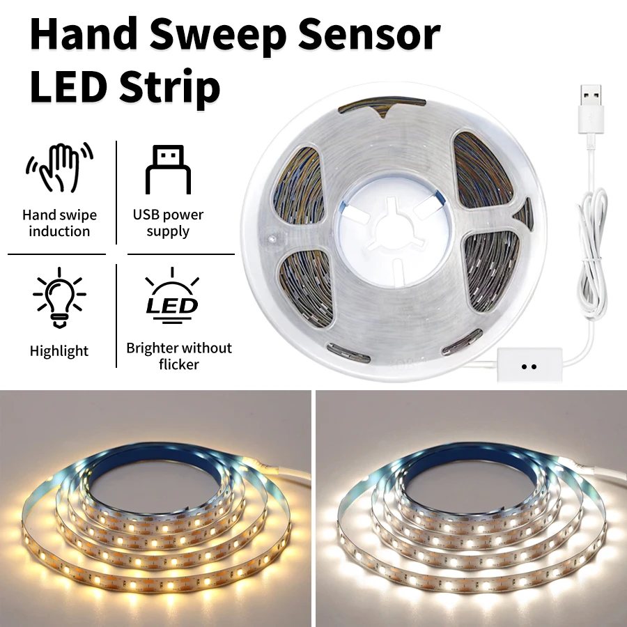 Tira de luces LED con Sensor de barrido manual para armario, tira de luces de fondo de 1M, 2M, 3M, 5M, 10M, DC5V, tira de luces LED USB, iluminación decorativa para TV y cocina