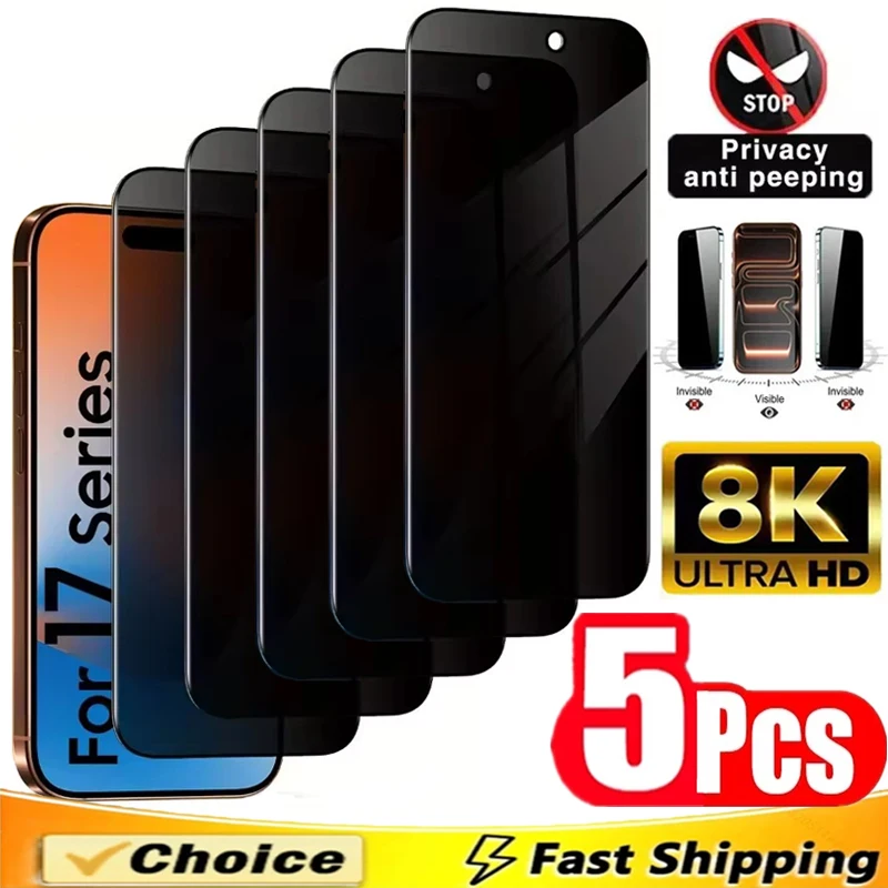 Protector de pantalla de privacidad 5 uds 8K para IPhone 17 16 15 14 Pro Max Plus vidrio antiespía para IPhone 13 12 11 PRO XR X XS MAX Mini SE - imagen 2