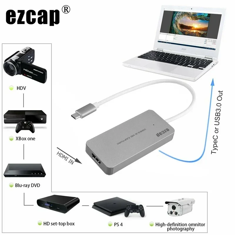 Tarjeta de captura de juegos HDMI a tipo C USB 3,0 HD 1080P 60fps para PS3 PS4 Xbox Switch teléfono PC grabación de vídeo, dispositivo de transmisión en vivo - imagen 2