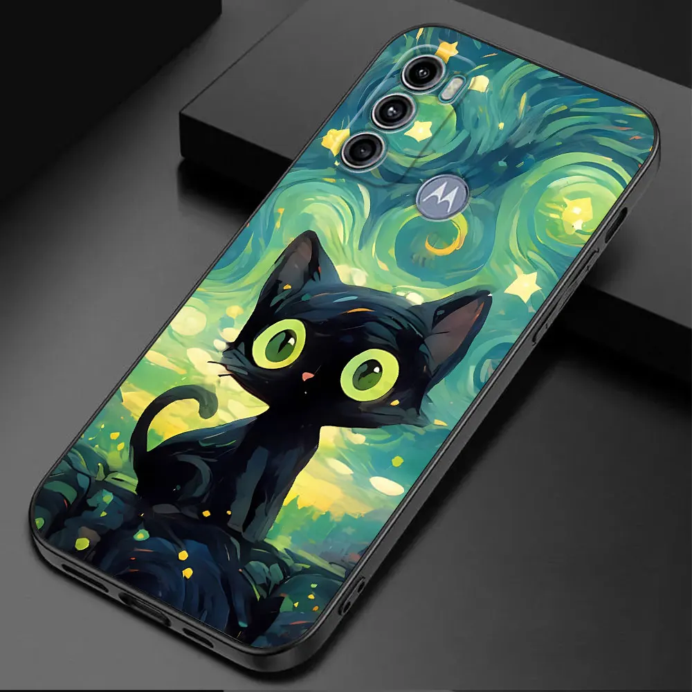 Funda de teléfono suave negra para Motorola Moto G50, G31, G71, G72, G51, G32, G30, G73, G60s, G22, G60, G52, G53, cubierta de parachoques, cielo estrellado, gato - imagen 5
