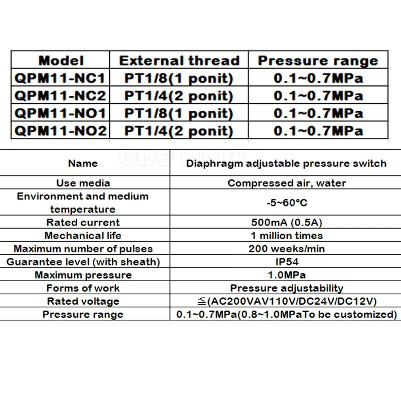 Compresor de aire con interruptor de presión ajustable neumático QPM11-NO/NC - imagen 3