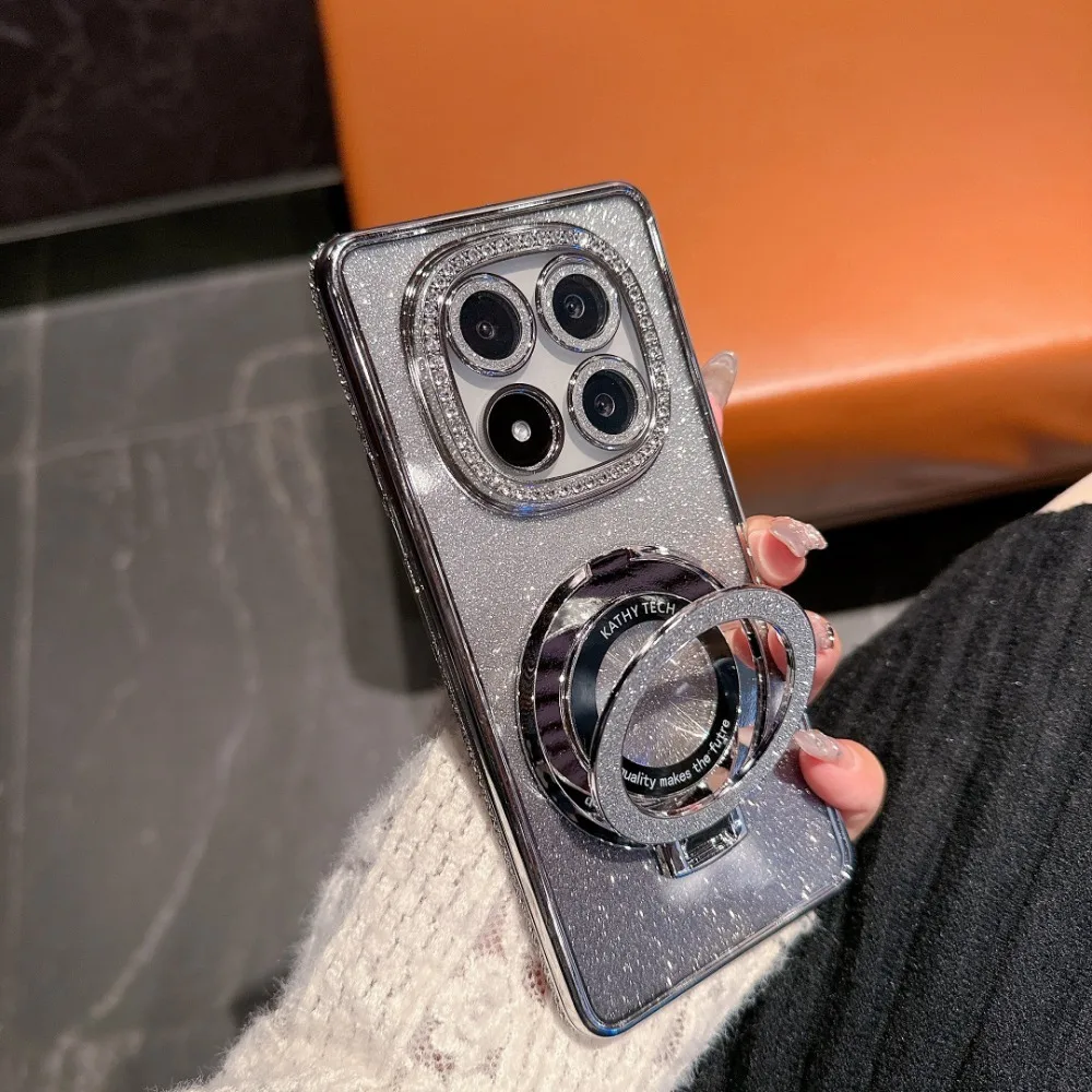 Funda con soporte magnético de diamante brillante chapado de lujo para Xiaomi POCO C75 C65 X7 X6 M6 Pro 4G, funda trasera con soporte para teléfono de silicona suave - imagen 3