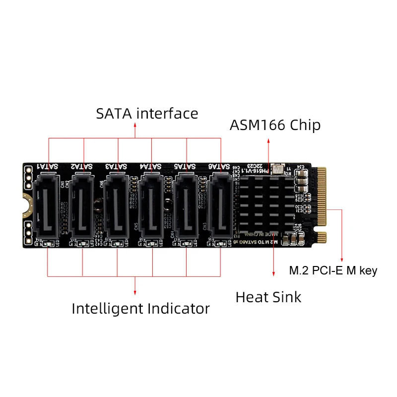 Tarjeta adaptadora M.2 a SATA3.0 Tarjeta de expansión ASM1166 M.2 PCIE a SATA de alta velocidad de 6 Gbps con indicador inteligente - imagen 3