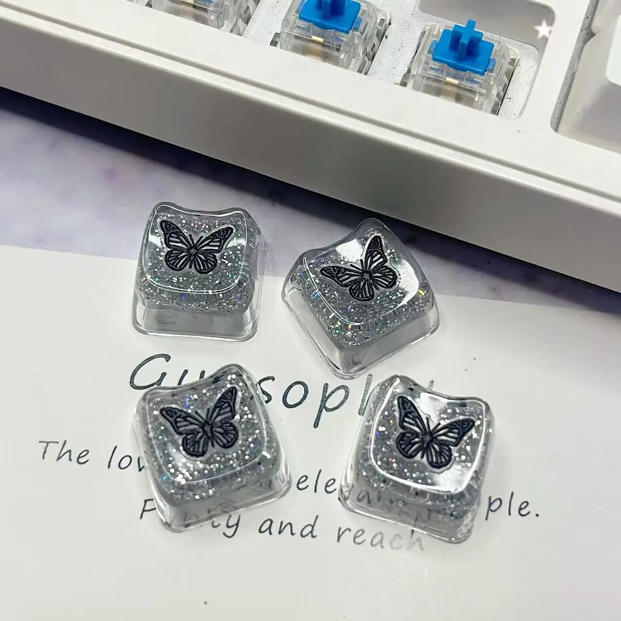 Teclas de mariposa negra DIY, bonitas teclas translúcidas con cabeza de gato, teclas de teclado mecánico transparentes de color rosa brillante para juegos - imagen 5