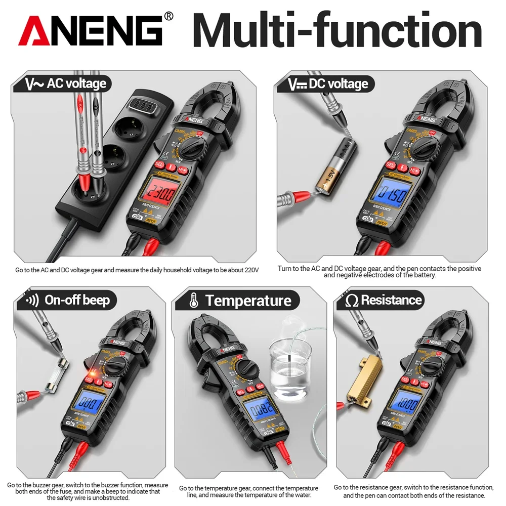 Multímetro medidor de abrazadera 6000 recuentos ANENG CM85 sin contacto medición de voltaje CA de alta precisión 600A corriente NCV herramienta de electricista - imagen 5