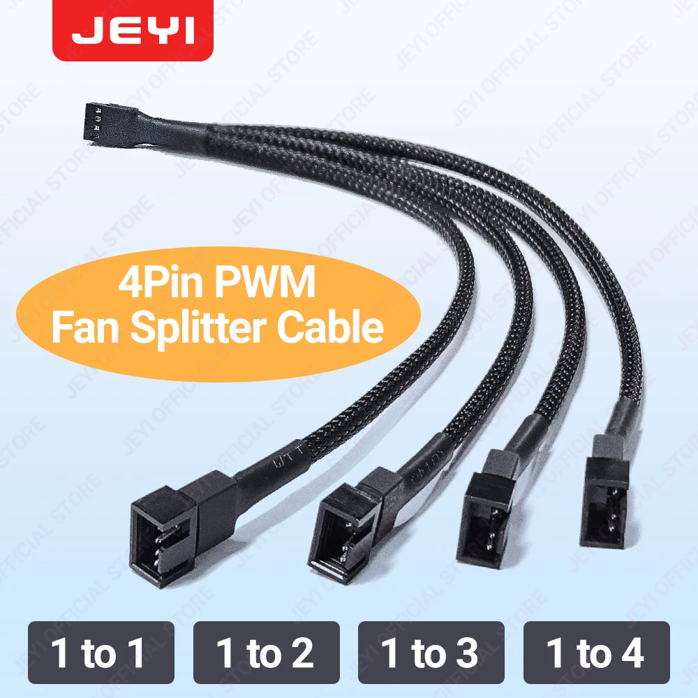 JEYI Cable de extensión divisor de ventilador de PC - Cable de alimentación de extensión trenzado de ventilador PWM de 1 a 4 para placa base, ventilador de CPU de computadora de escritorio