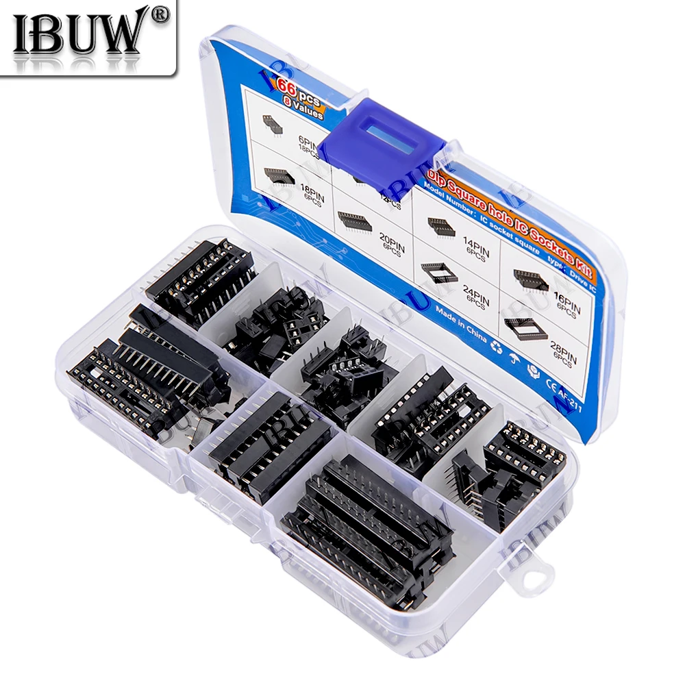 66 unids/lote con caja DIP IC adaptador de enchufes tipo soldadura Kit de enchufe 6 8 14 16 pines DIP-6 DIP-8 DIP-14 conector IC 18p 20p 24p 28p