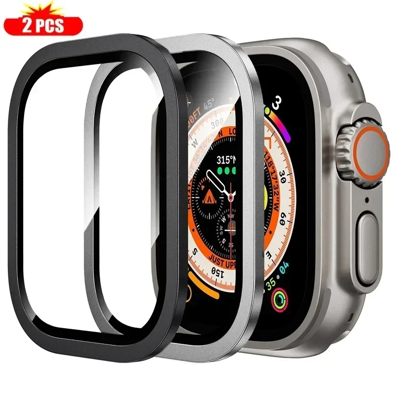 2 uds vidrio templado para Apple Watch Ultra 49mm marco de Metal de titanio película antiarañazos Ultra 2 49mm accesorios protectores de pantalla - imagen 2